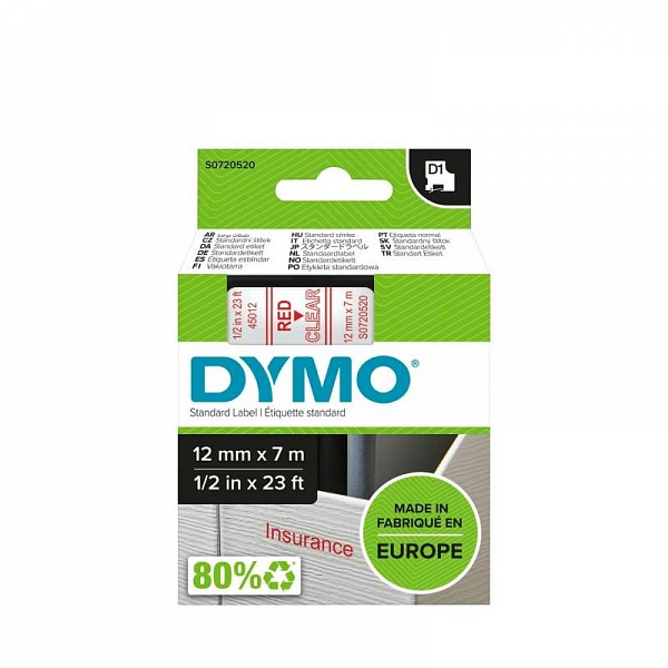 Картридж с виниловой лентой D1 для принтеров Dymo Label Manager, пластик, красный шрифт, 12 мм х 7 м Прозрачный