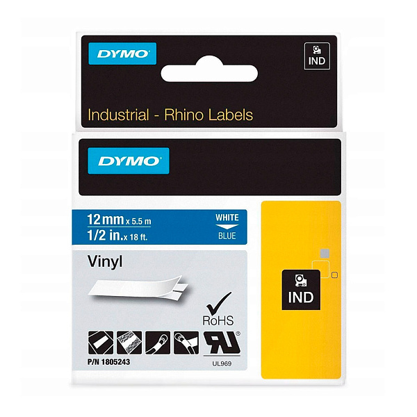 Картридж с виниловой лентой для принтеров Dymo Rhino, белый шрифт, 5.5 м х 12 мм Синий