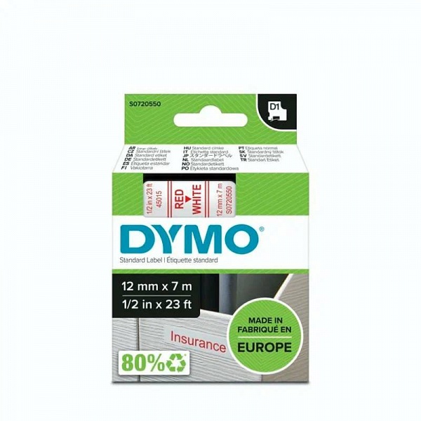 Картридж с виниловой лентой D1 для принтеров Dymo Label Manager, пластик, красный шрифт, 12 мм х 7 м Белый