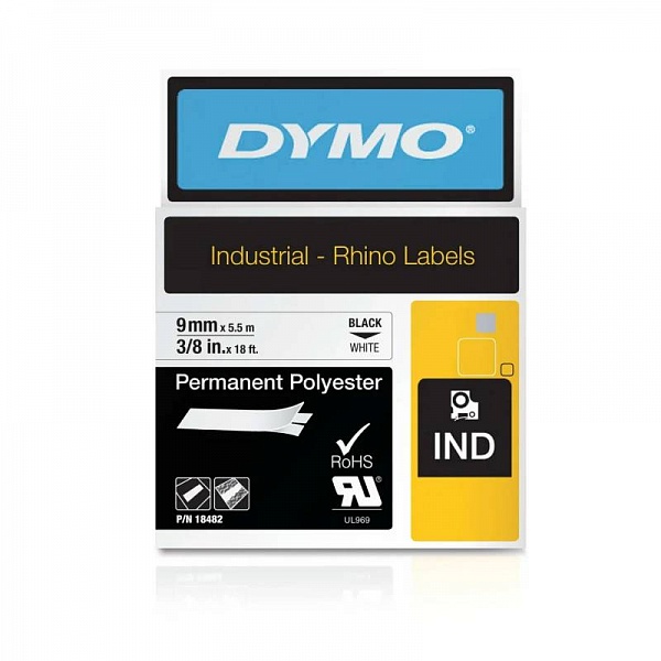 Картридж c полиэстровой лентой для принтеров Dymo Rhino, черный шрифт, 5.5 м х 9 мм Белый