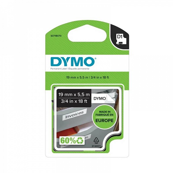 Картридж с полиэстровой лентой D1 для принтеров Dymo Label Manager, черный шрифт, 3.5 м x 19 мм Белый