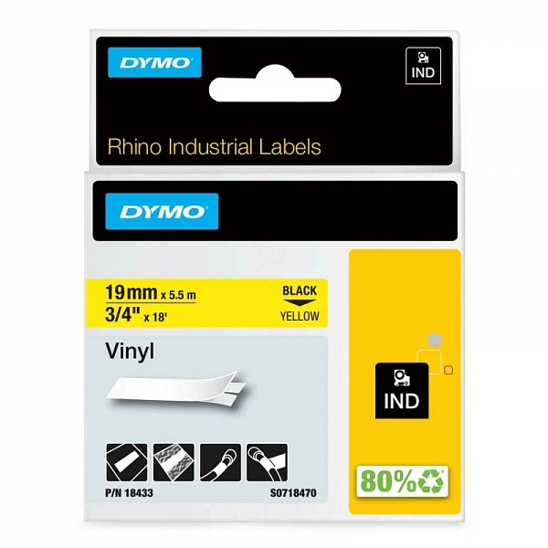 Картридж c виниловой лентой для принтеров Dymo Rhino, черный шрифт, 5.5 м x 19 мм Желтый