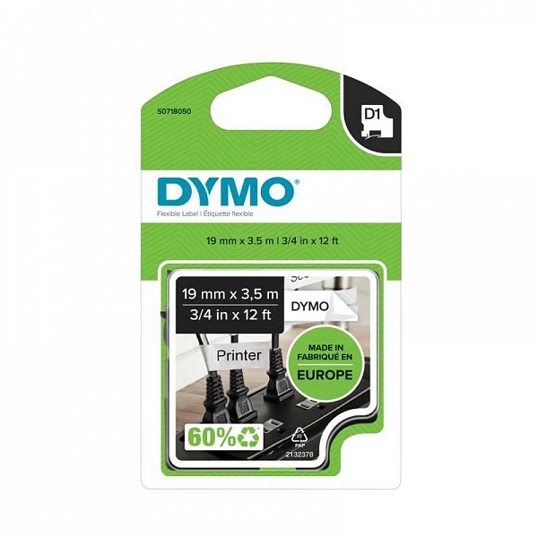 Картридж с нейлоновой лентой D1 для принтеров Dymo Label Manager, черный шрифт, 3.5 м x 19 мм Белый