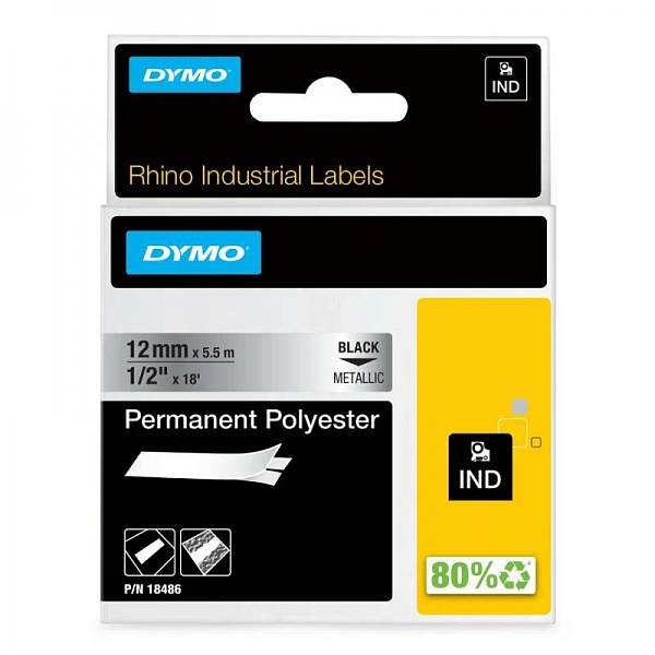 Картридж c полиэстровой лентой для принтеров Dymo Rhino, черный шрифт, 5.5 м х 12 мм Металлик