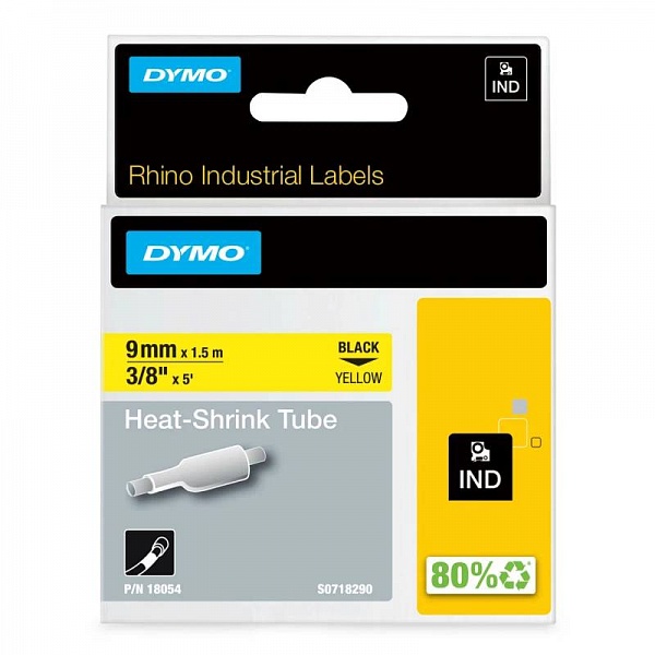 Картридж с термоусадочной трубкой для принтеров Dymo Rhino, черный шрифт, 1.5 м x 9 мм Желтый
