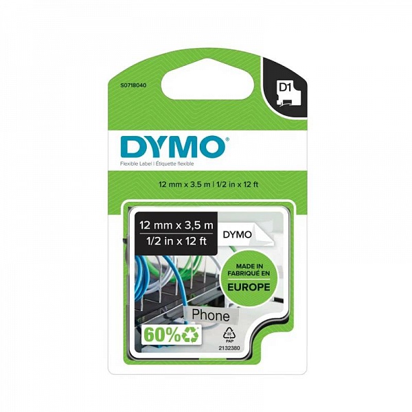 Картридж с нейлоновой лентой D1 для принтеров Dymo Label Manager, черный шрифт, 3.5 м x 12 мм Белый