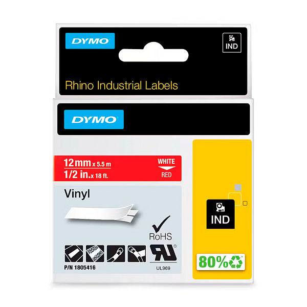 Картридж с виниловой лентой для принтеров Dymo Rhino, белый шрифт, 5.5 м х 12 мм Красный